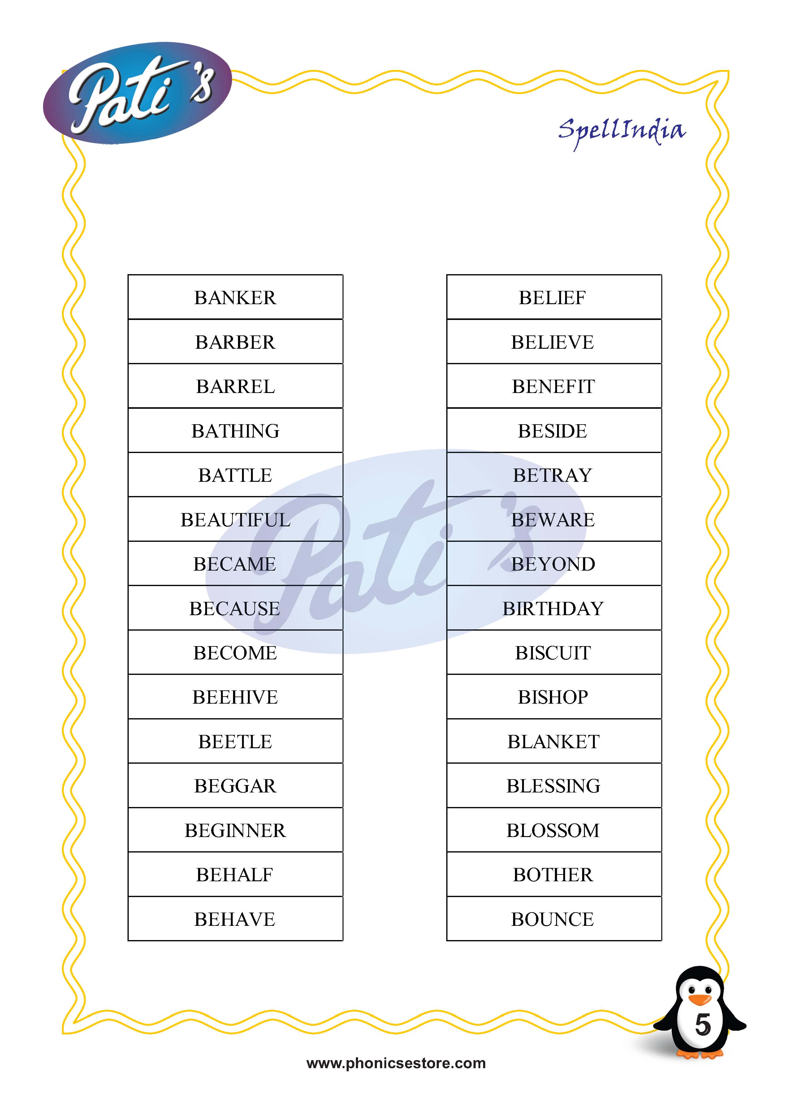 Pati Spelling Bee word list Class 4 Grade 4
